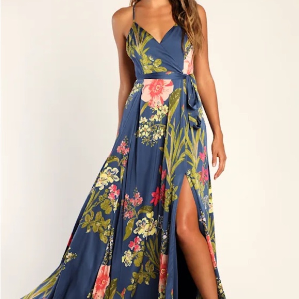Lulus Still the One Blue Floral Print Satin Maxi Dress